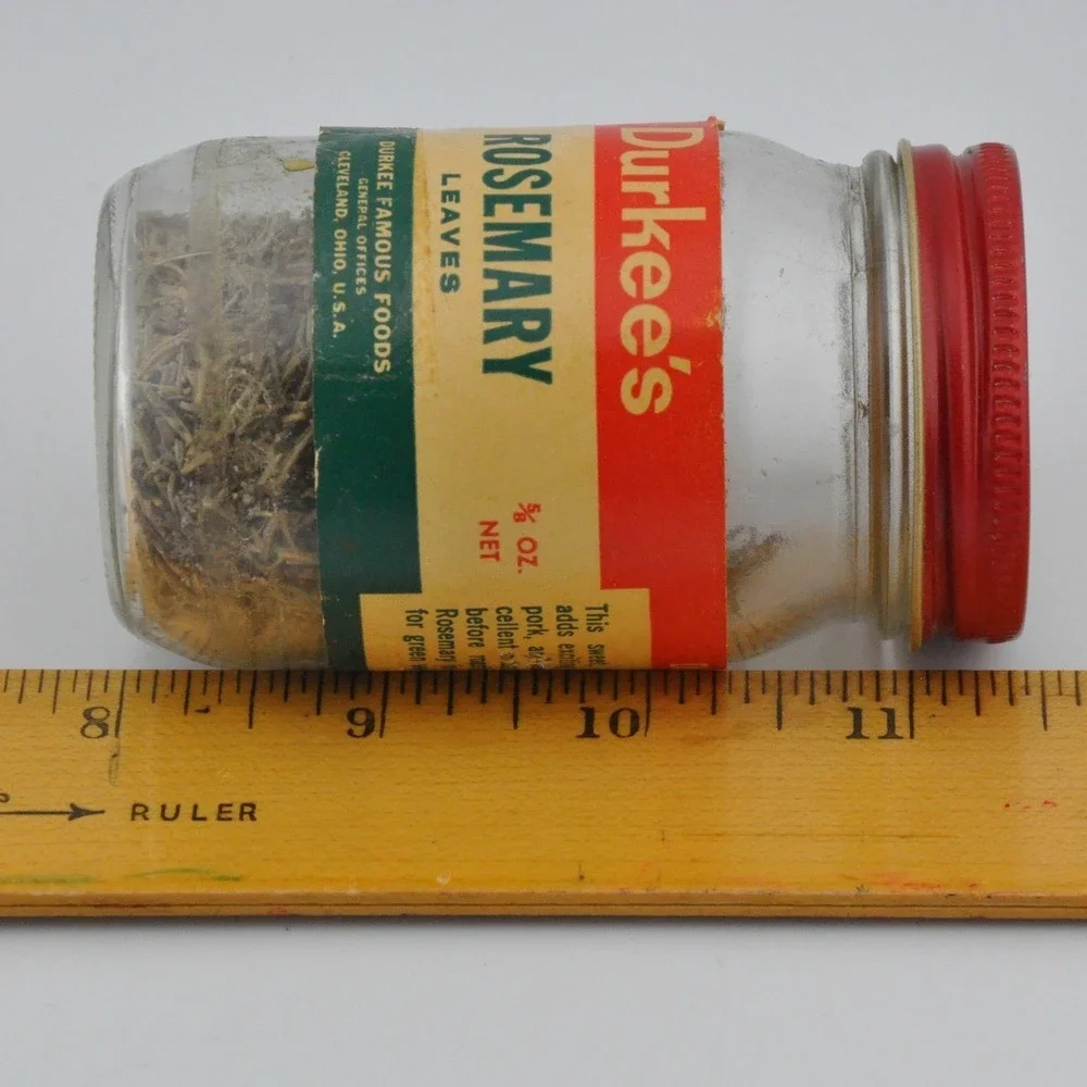 Durkee's‎ Vintage Spice Jar OS Clear Fair Rosemary Leaves Shaker Lid Glass Decor